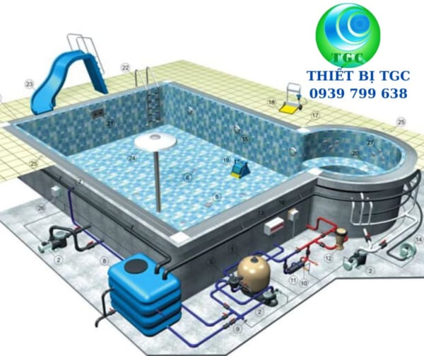 hồ bơi gia đình và thiết bị đi kèm